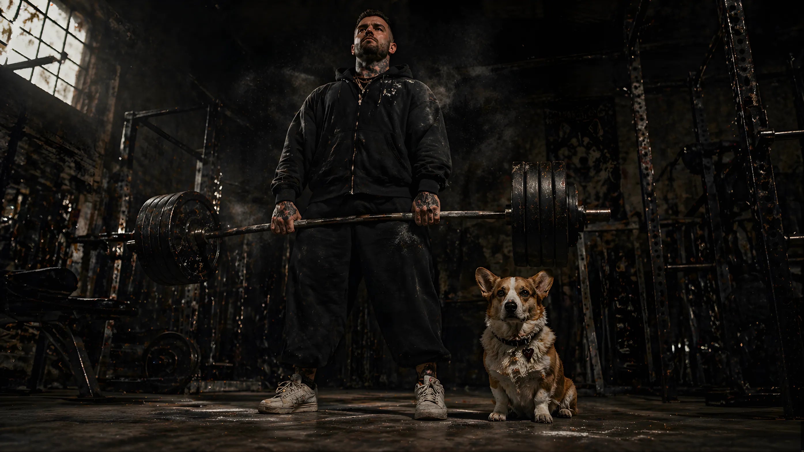 Illustrated corgis training in a heavy-metal gym