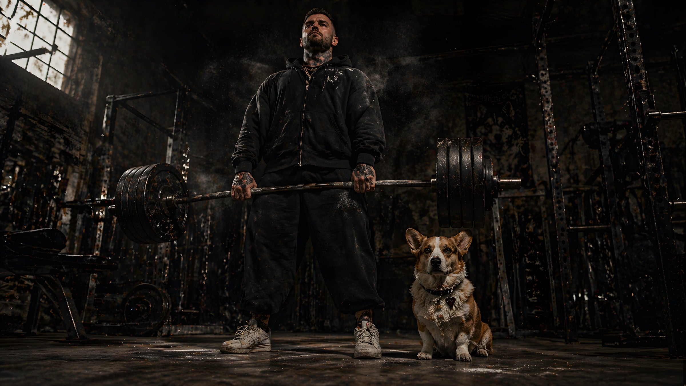 Lifter and corgi in a dark gym
