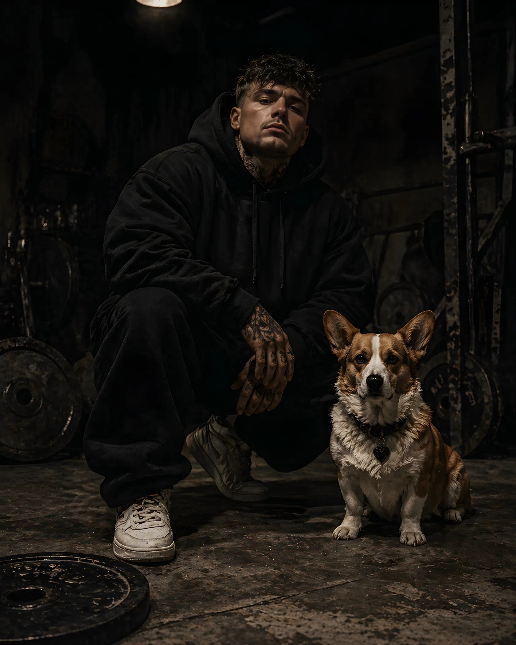 Illustrated tattooed character with a corgi companion