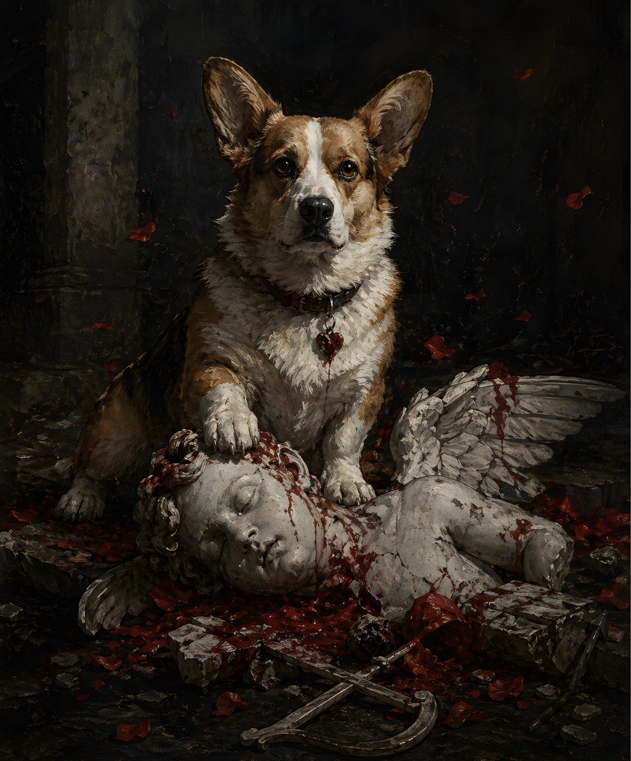 Corgi with fallen cherub graphic