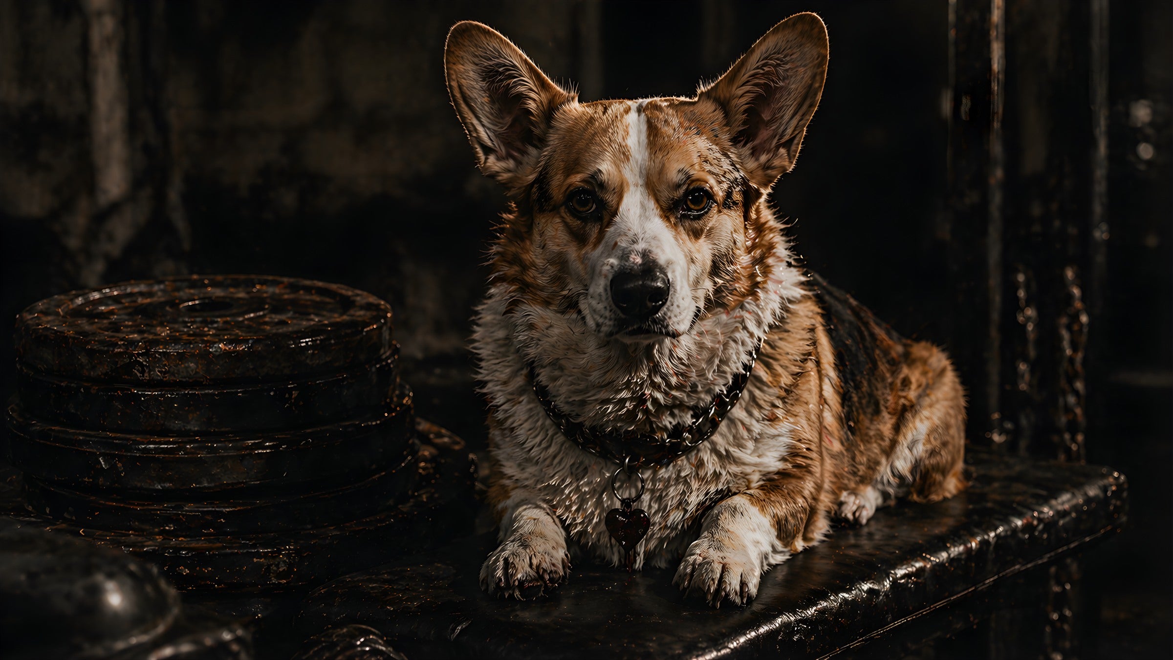 Corgi in weight room with dumbbells