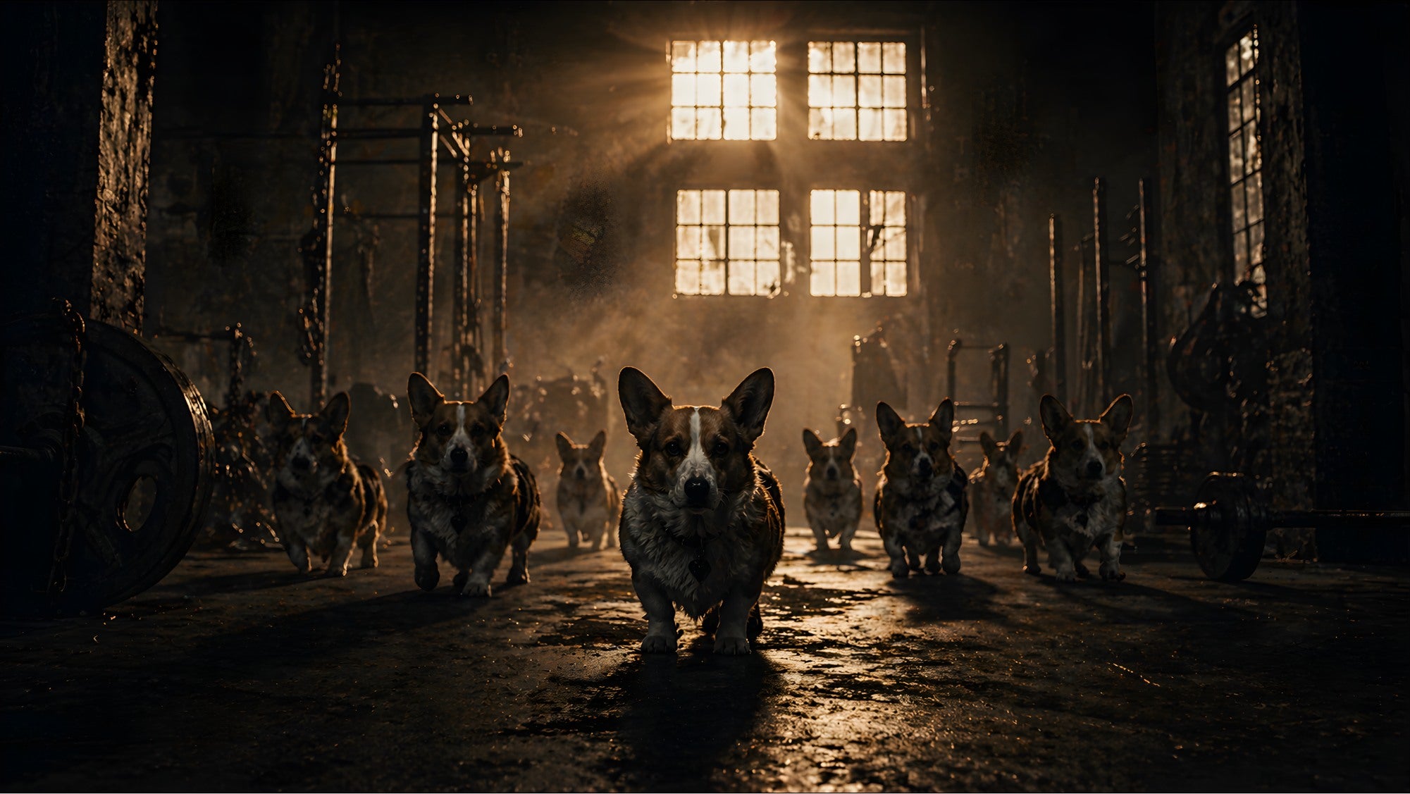 Pack of corgis walking through a weight room