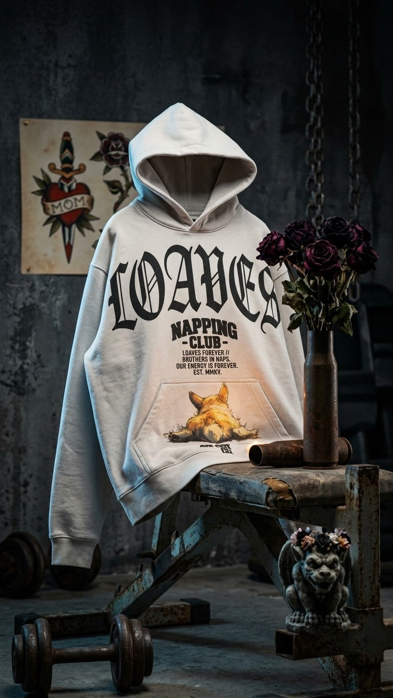 White Loaves Napping Club hoodie in a gym