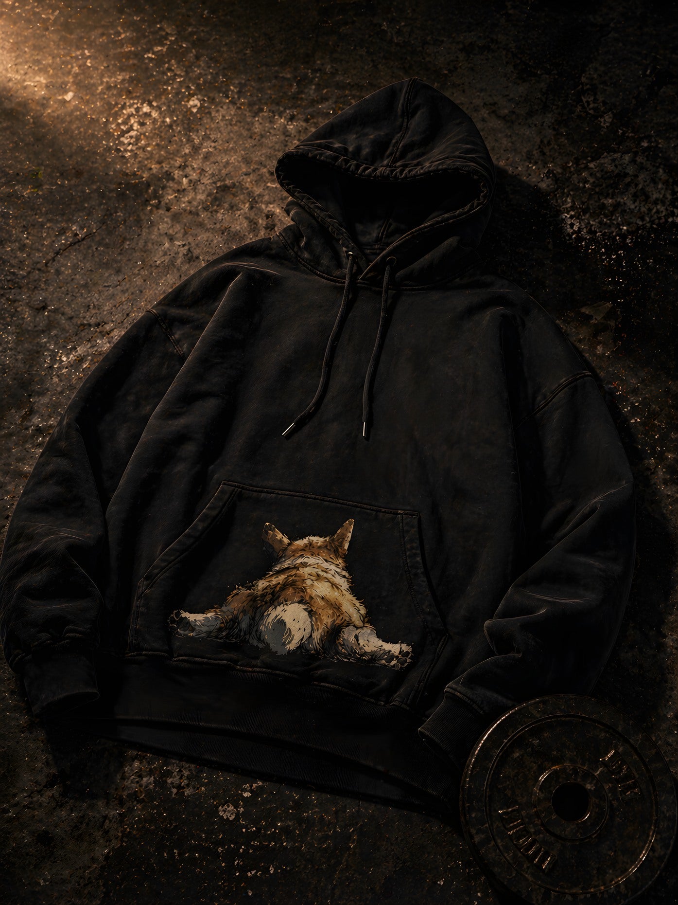 Black heavyweight hoodie with corgi graphic